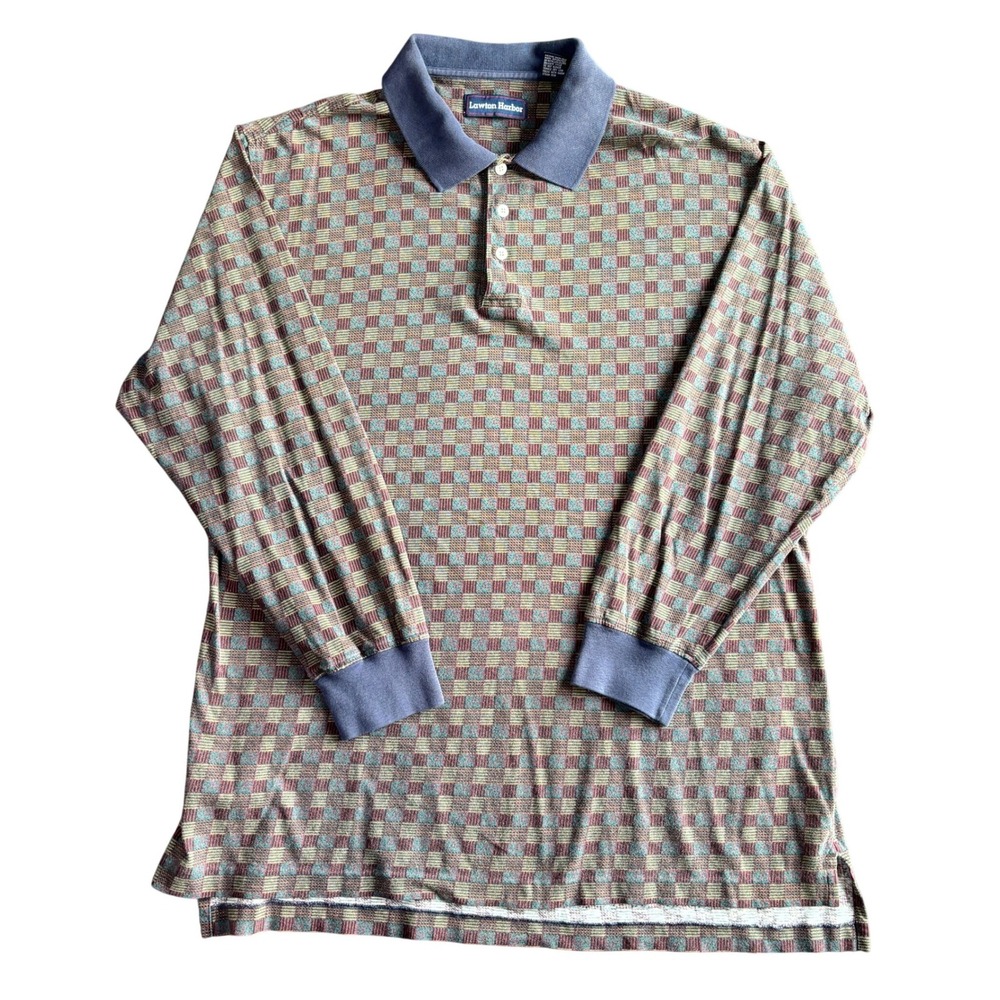 Lawton Harbor Mens XL Long Sleeve Polo Shirt Checkered Geometric Blue‎ Green
